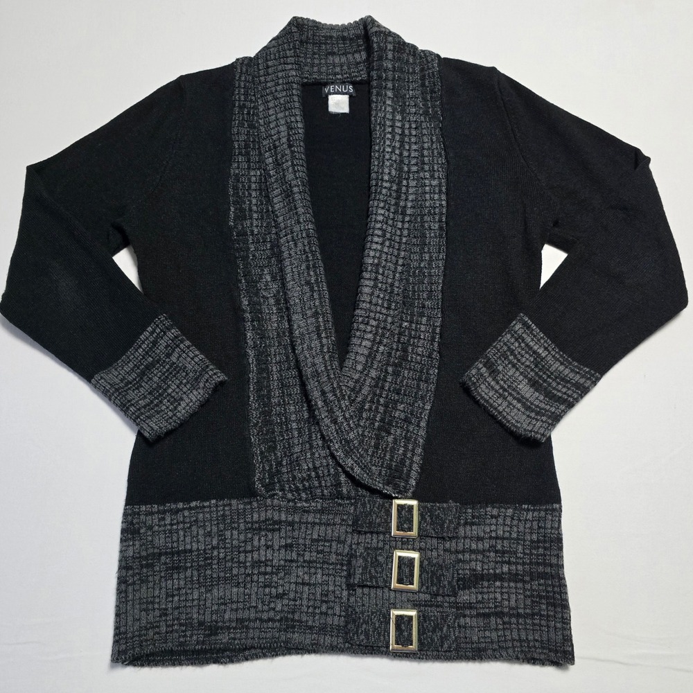 Venus Women's Size M Cardigan Sweater Black Gray Shawl Collar Gold Buckles